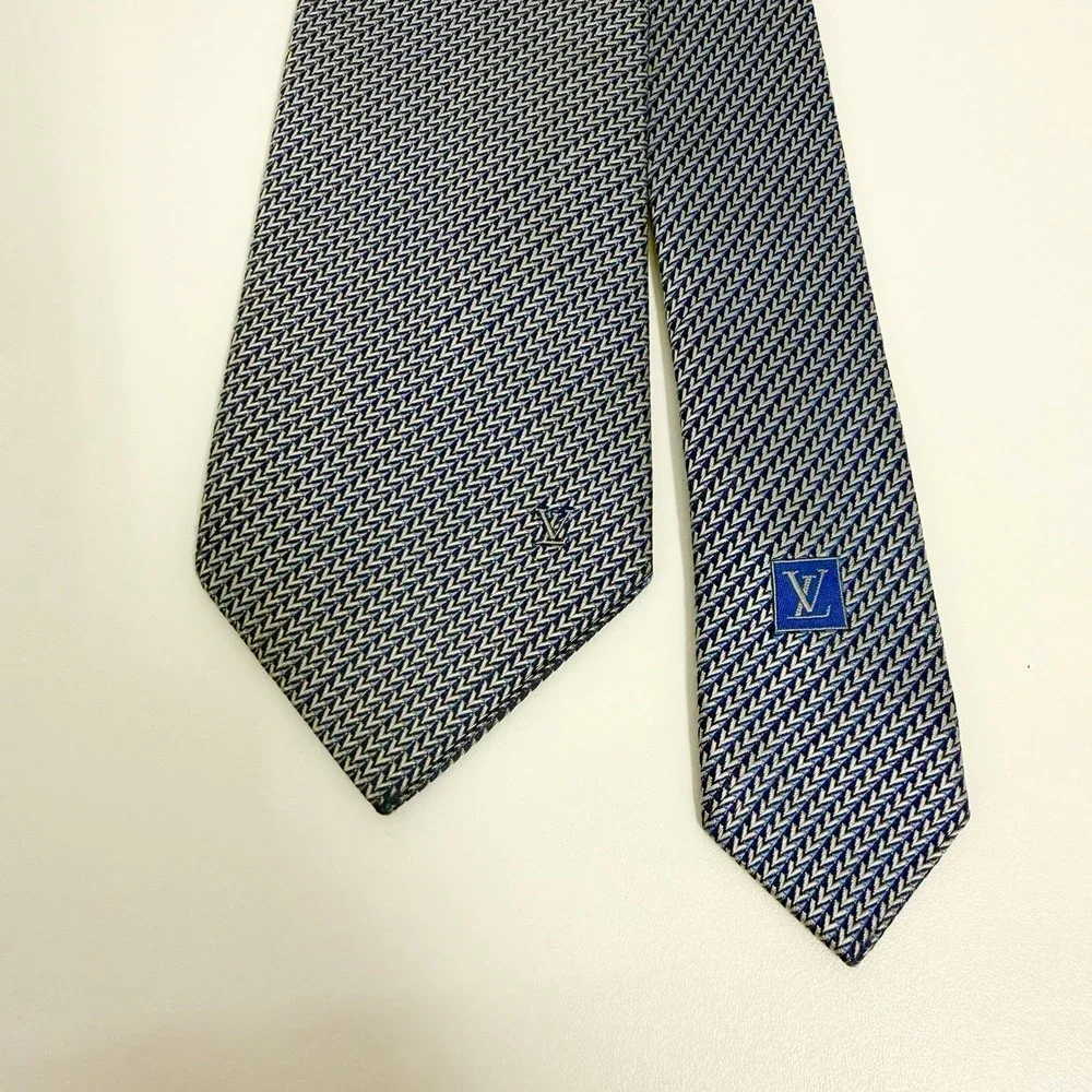 Louis Vuitton Men's Recent Tie Blue/Silver Geometric LV Monogram Silk 3 1/8
